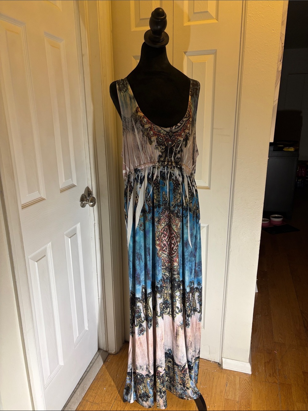 Sleeveless Blue & Pink Printed Maxi Dress